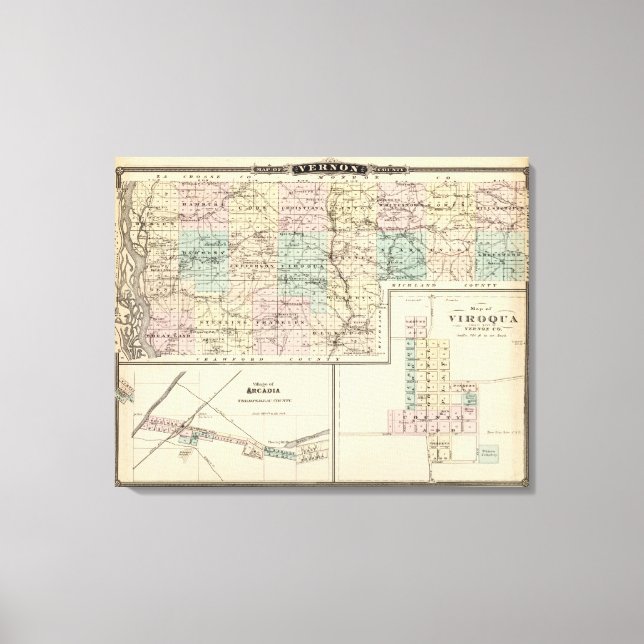 Karta i Vernon County, Arcadia och Viroqua Canvastryck (Framsida)