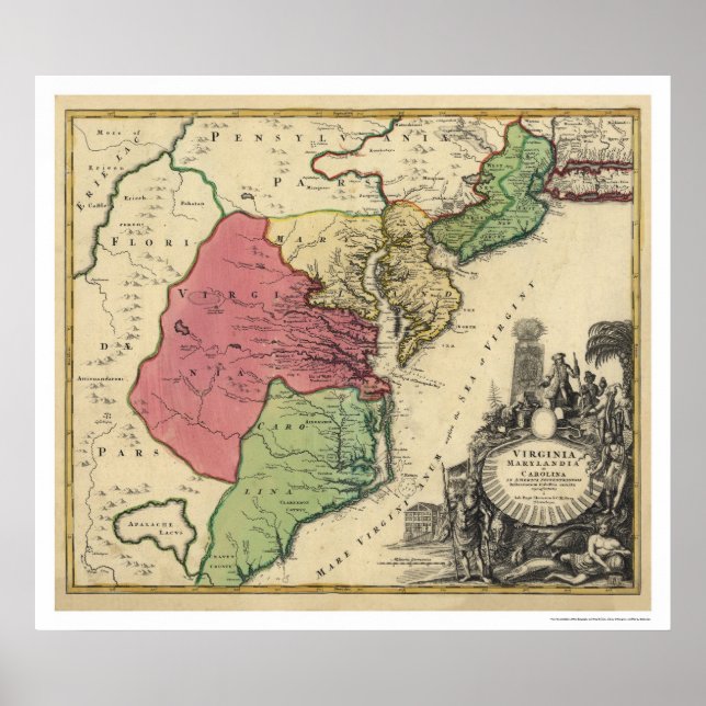 Karta i Virginia, Marylandia och Carolina 1714 Poster (Framsidan)