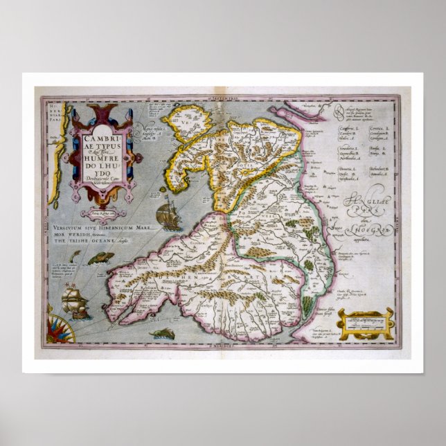 Karta i Wales, offentliggjord i C.1630 (handmotor  Poster (Framsidan)