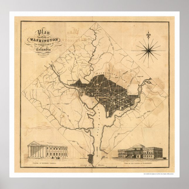 Karta i Washington DC City Plan av Lizars 1819 Poster (Framsidan)
