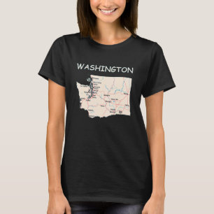 Karta i Washington State Major Cities Sjöar och Ri T Shirt