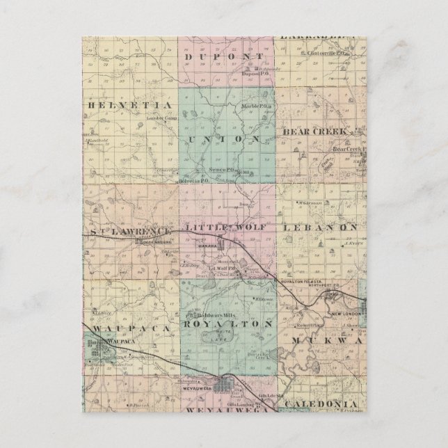 Karta i Waupaca County, delstaten Wisconsin Vykort (Framsida)