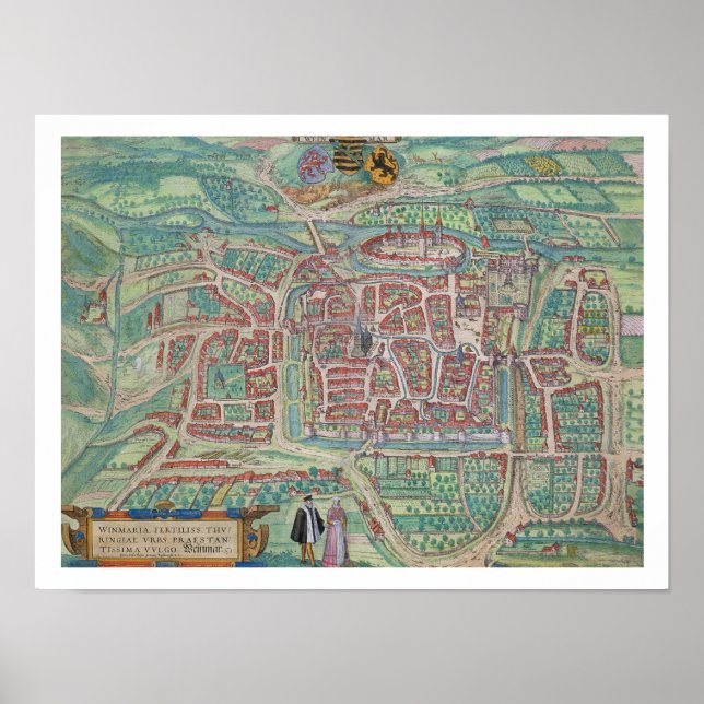 Karta i Weimar, från "Civitates Orbis Terrarum" av Poster (Framsidan)