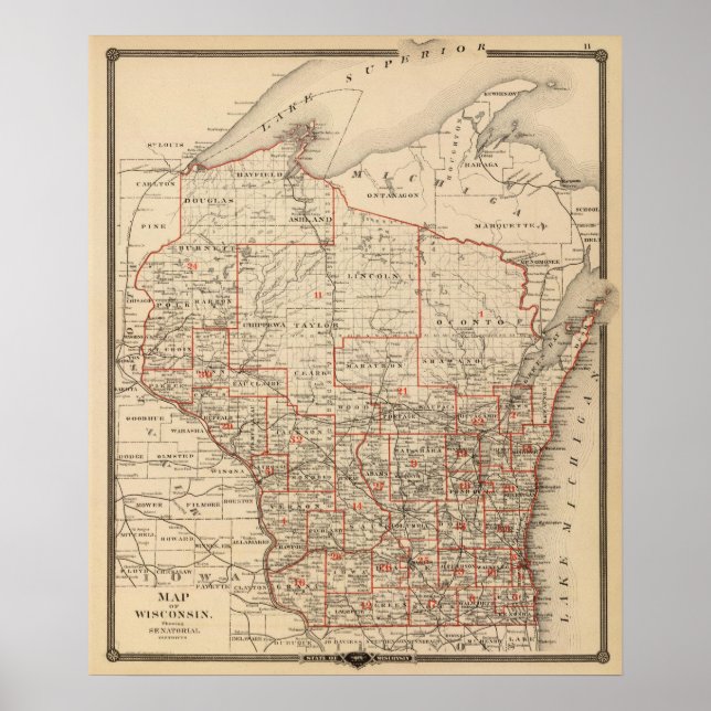 Karta i Wisconsin med senataldistrikt Poster (Framsidan)