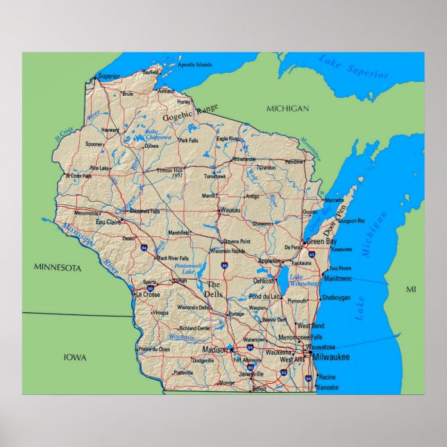 Karta i Wisconsin Poster Grönt (i många storlekar) (Framsidan)