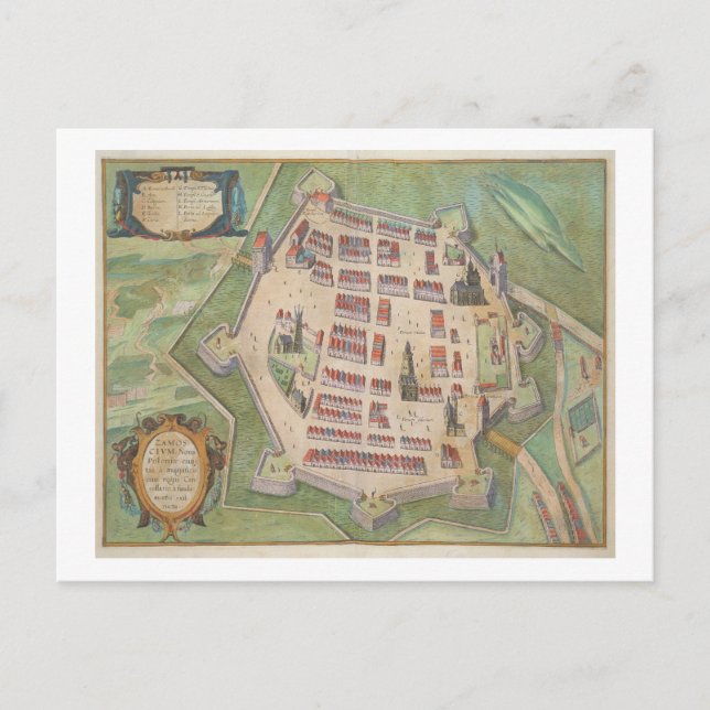 Karta i Zamosc, från "Civitates Orbis Terrarum" av Vykort (Framsida)