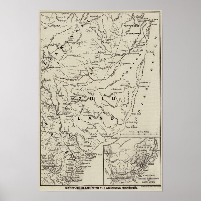 Karta i Zululand med angränsande gränser Poster (Framsidan)