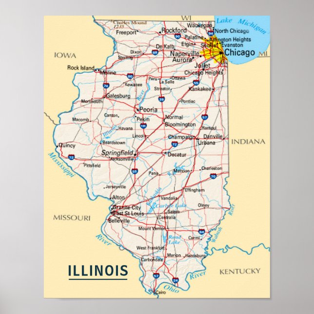 Karta Illinois resmål för hem eller kontor Poster (Framsidan)
