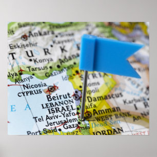 Karta-nålen placerad i Jerusalem, Israel på karta, Poster