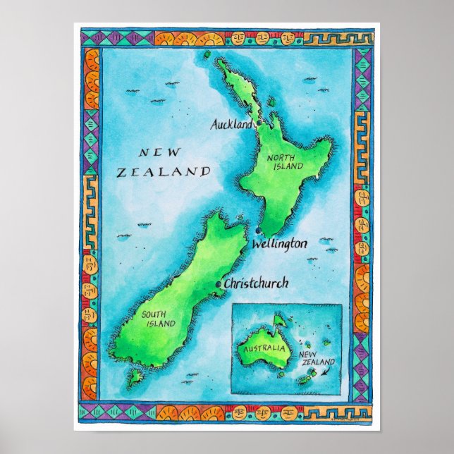 Karta Nya Zeeland Poster (Framsidan)