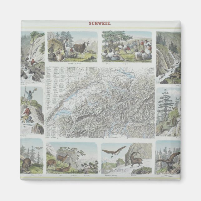 Karta och Vignettes från schweiziska Alpernor Magnet (Framsidan)