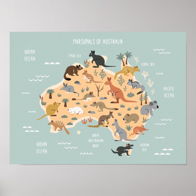 Karta om australiska marsupialbarn poster (Framsidan)