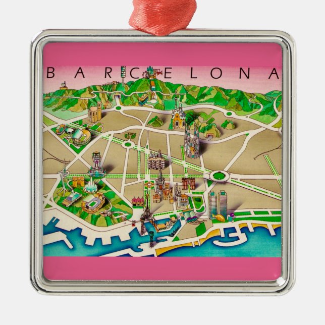Karta över Barcelona Spanien Julgransprydnad Metall (Framsidan)