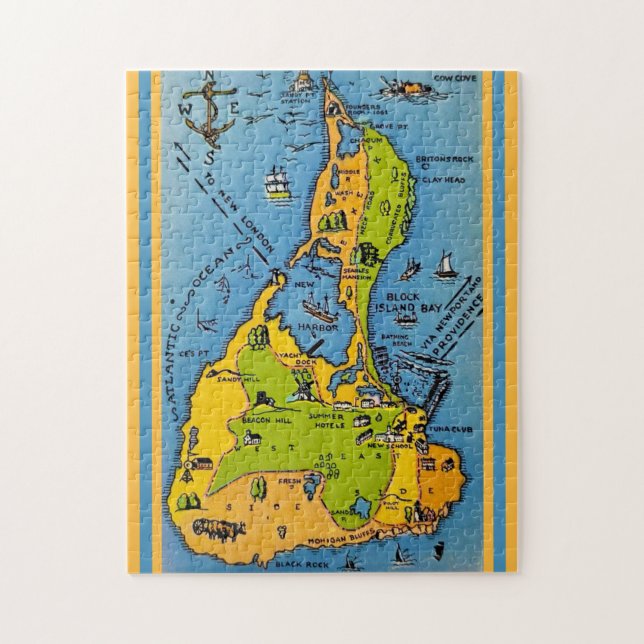 Karta över Block Island 11x14 Pussel (Vertikal)