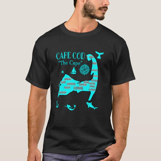 Karta över Cape Cod Aqua Blå Nautiska Symboler Fis T Shirt (Framsida)