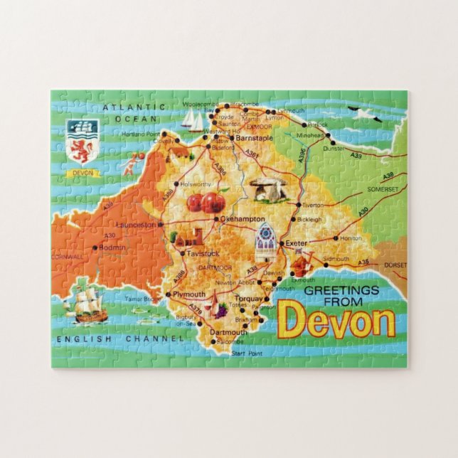 Karta över Devon England 11x14  Pussel (Horisontell)
