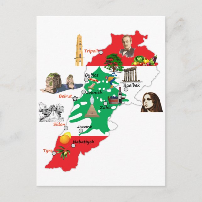 Karta över Libanon, större städers namn libaneser  Vykort (Framsida)