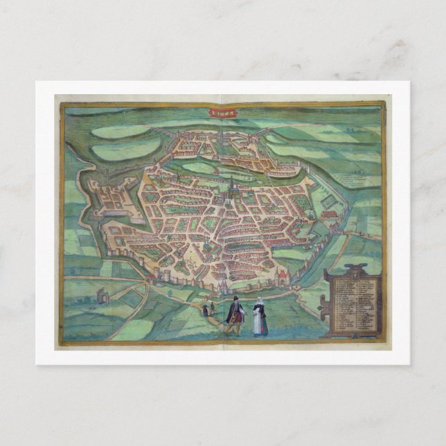 Karta över Metz, från 'Civitates Orbis Terrarum' a Vykort (Framsida)