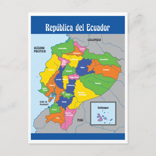 Karta över Republiken Ecuador Sydamerika Vykort (Framsida)