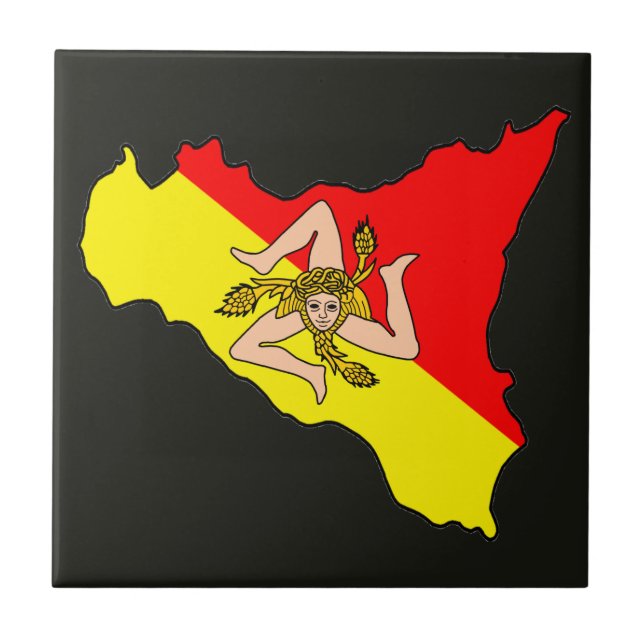 Karta över Sicilien med Trinacria-symbol Kakelplatta (Framsidan)