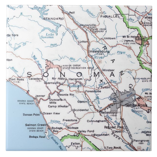 Karta över Sonoma County CA -Blå Kakelplatta (Framsidan)