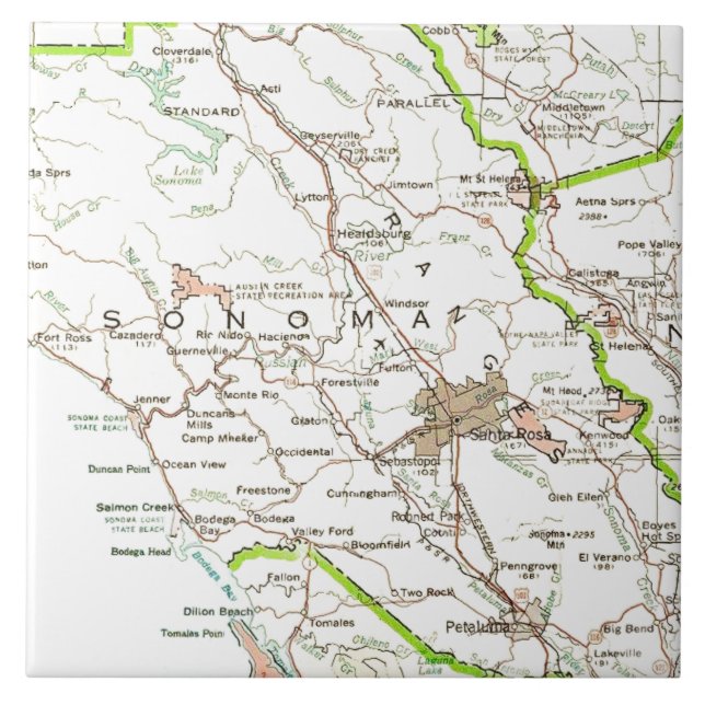 Karta över Sonoma County CA  Kakelplatta (Framsidan)
