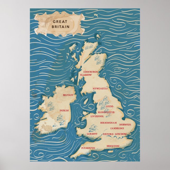 Karta över Storbritannien Vintage Affisch (Framsidan)