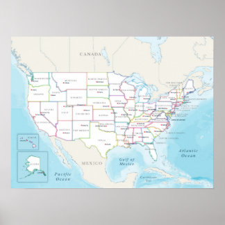 Karta över USA med delstatshuvudstäder Poster