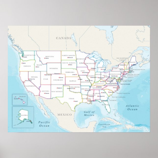 Karta över USA med delstatshuvudstäder Poster (Framsidan)