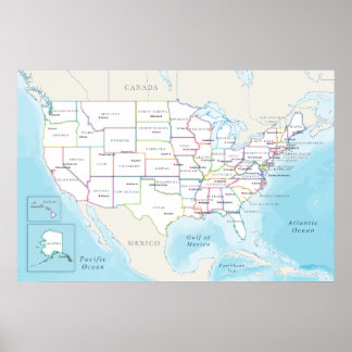 Karta över USA med delstatshuvudstäder Poster