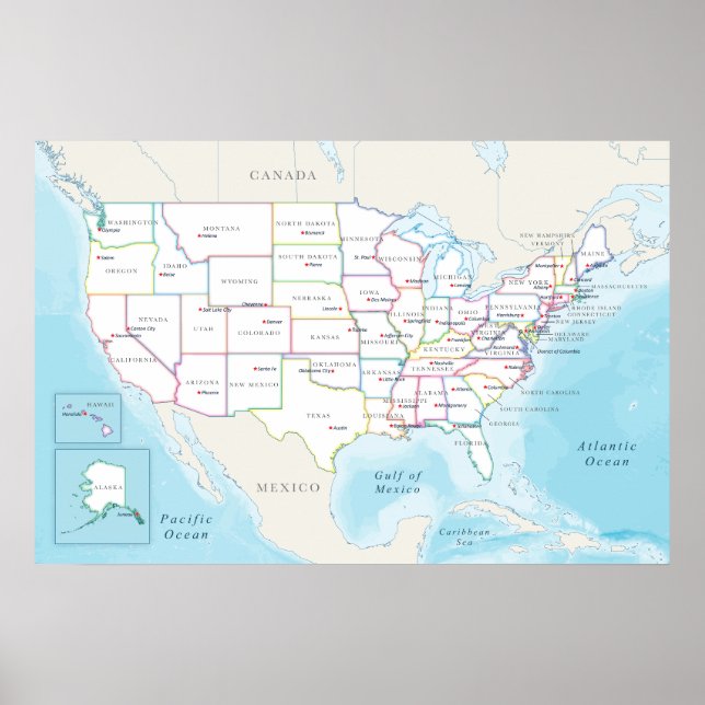 Karta över USA med delstatshuvudstäder Poster (Framsidan)