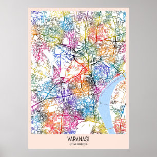 Karta över Varanasi Uttar Pradesh stad Poster