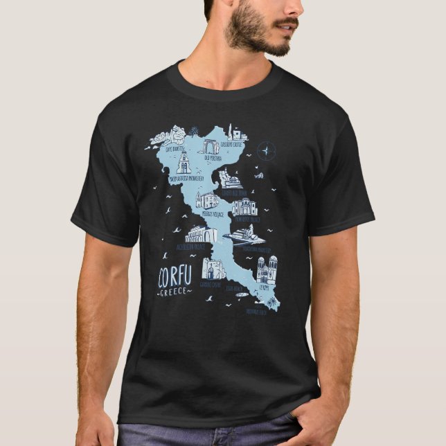 Karta på ön Korfu Grekland T Shirt (Framsida)