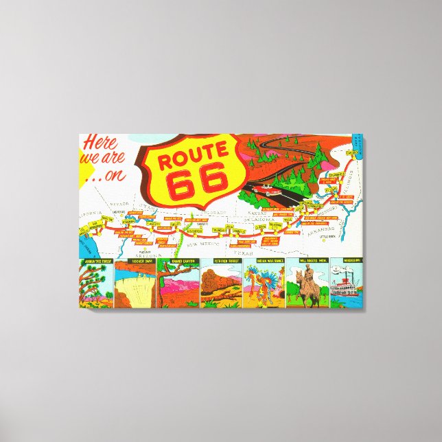 Karta på Route 66 från Los Angeles till Chicago Canvastryck (Framsida)