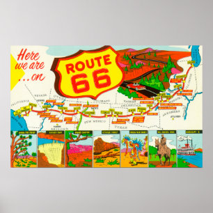 Karta på Route 66 från Los Angeles till Chicago Poster