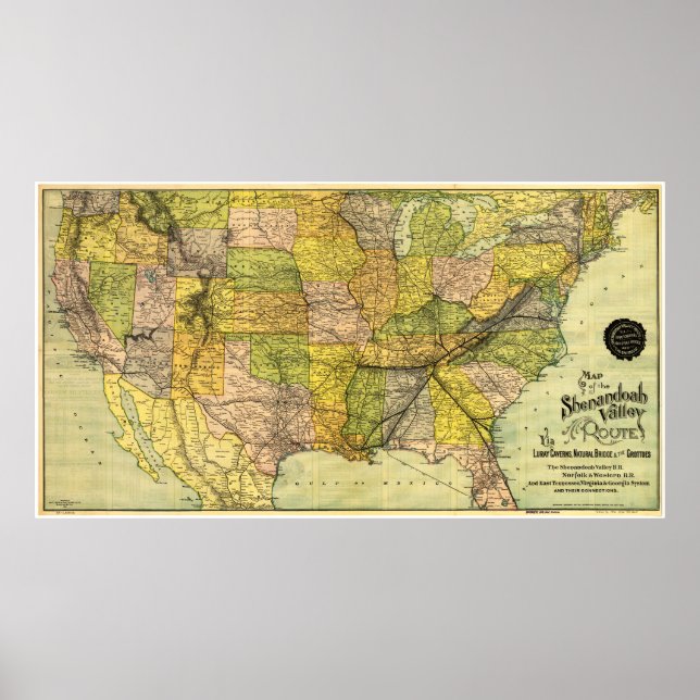Karta på Shenandoah Valley Railroad route (1890) Poster (Framsidan)
