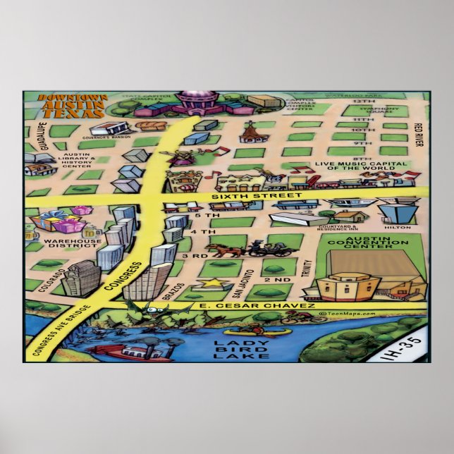 Karta Poster i Tecknaden i Austin Texas (Framsidan)