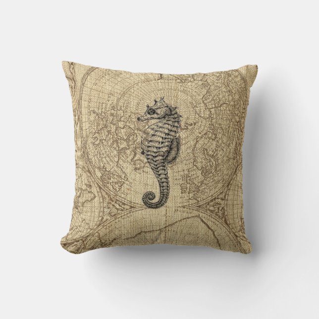 Karta Sjöliv Black Seahorse Illustration Coastal Kudde (Framsida)