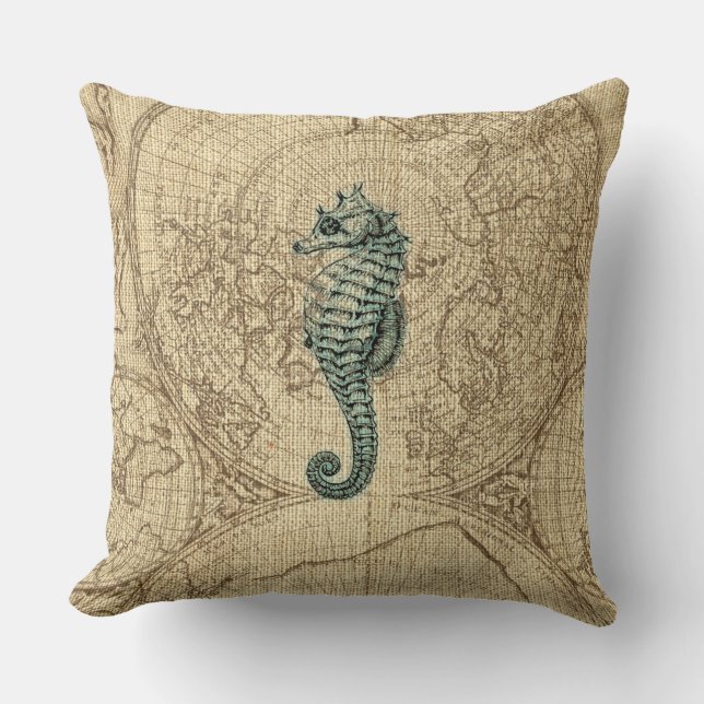 Karta Sjöliv Grönt Seahorse Illustration Coastal Kudde (Framsida)
