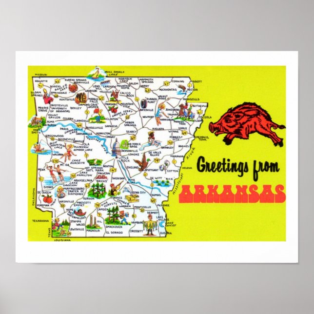 Karta Skriv ut färglöst Arkansas-vykort Poster (Framsidan)