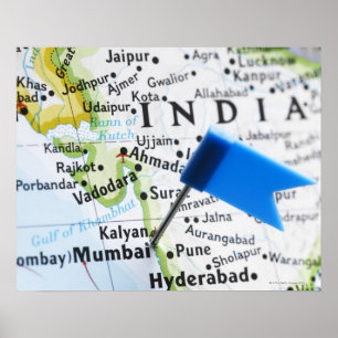 Karta-stift placerad i Mumbai, Indien på karta, nä Poster