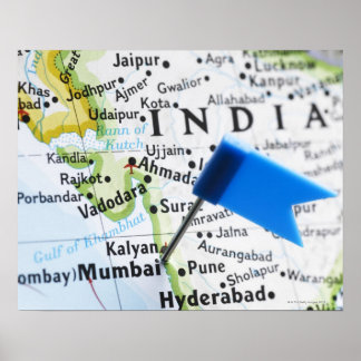 Karta-stift placerad i Mumbai, Indien på karta, nä Poster