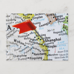 Karta-stift placerad i Shanghai, China vid karta, Vykort