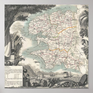 Karta vid Fransk Department of Finistere Poster