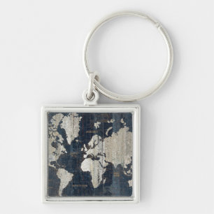 Kartablått för gammal värld fyrkantig silverfärgad nyckelring