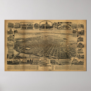 Kartan av Sacramento, Fågel-Öga beskådar, 1890 Poster