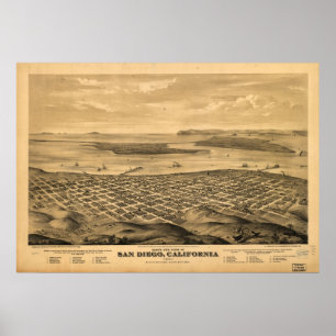 Kartan av San Diego, Fågel-Öga beskådar, 1880 Poster