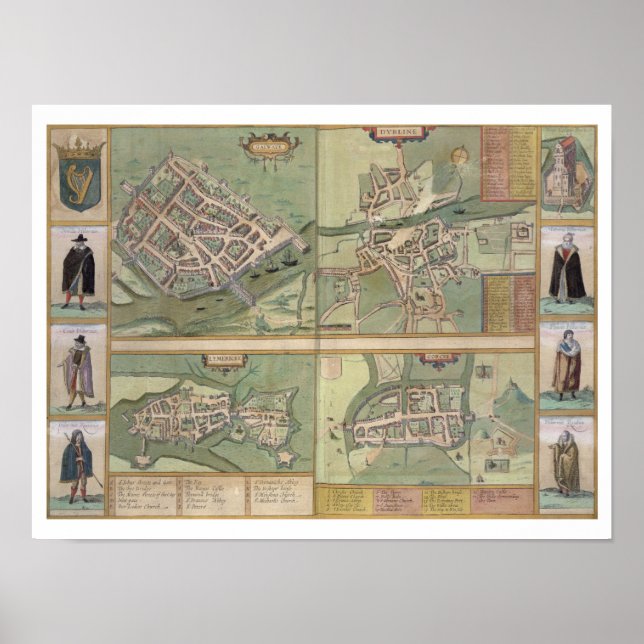 Kartor i Galway, Dublin, Limerick och Kork, från " Poster (Framsidan)