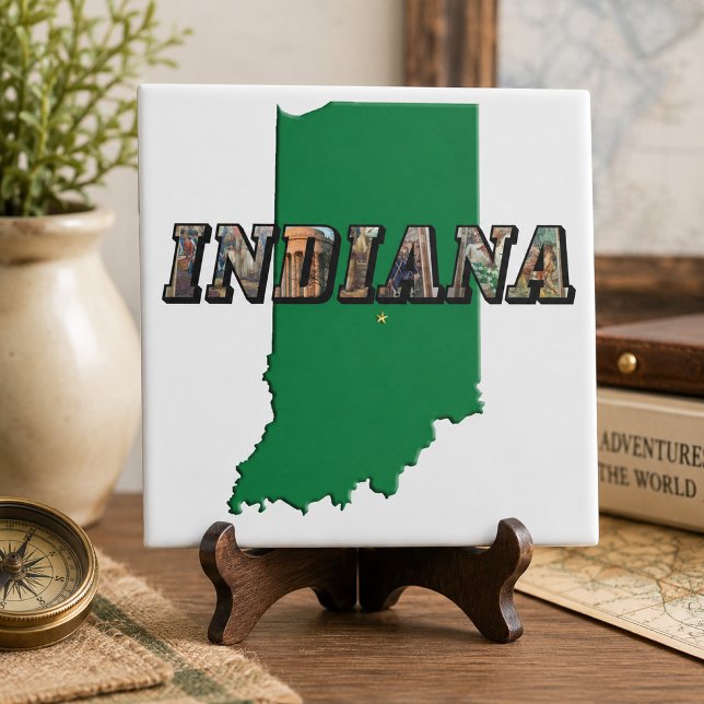 Karttext för Indiana Kakelplatta (Indiana State Map Green Outline & Photo Text Tile)