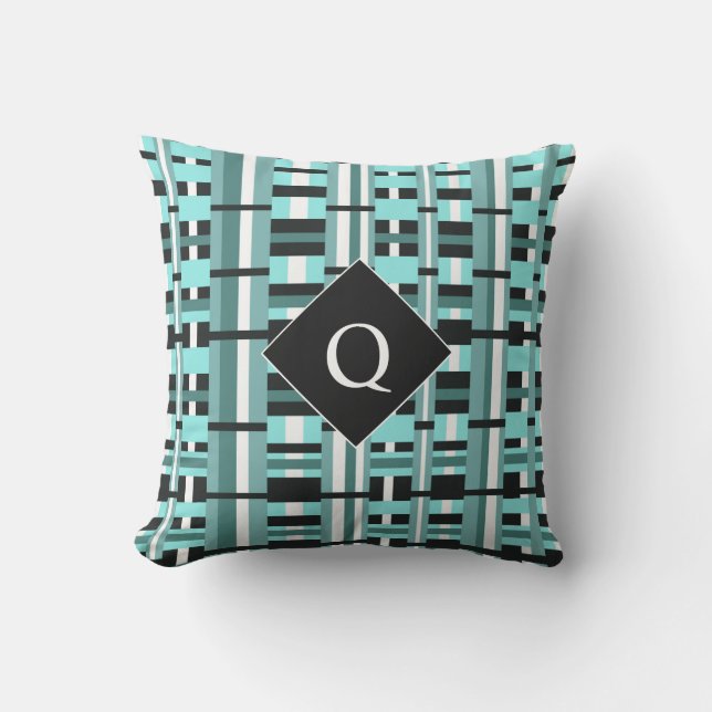 Karu i akva, turkos, svart & vit monogram kudde (Framsida)